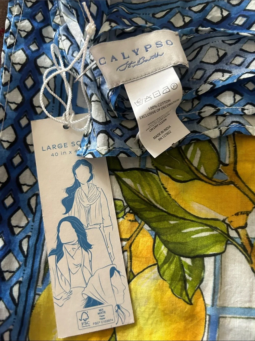 Calypso St. Barth Lemon Print 40”x40”Scarf Blue Border Lightweight Cotton NWT